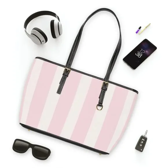 Striped Pink Tote Bag - PU Leather Shoulder Tote, Chic Everyday Handbag - Picture 3 of 4